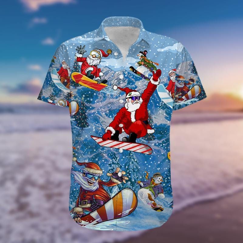 Felacia [Hawaii Shirt] Happy Santa Claus Skateboarding Blue Red Hawaiian Aloha Shirts-ZX2594